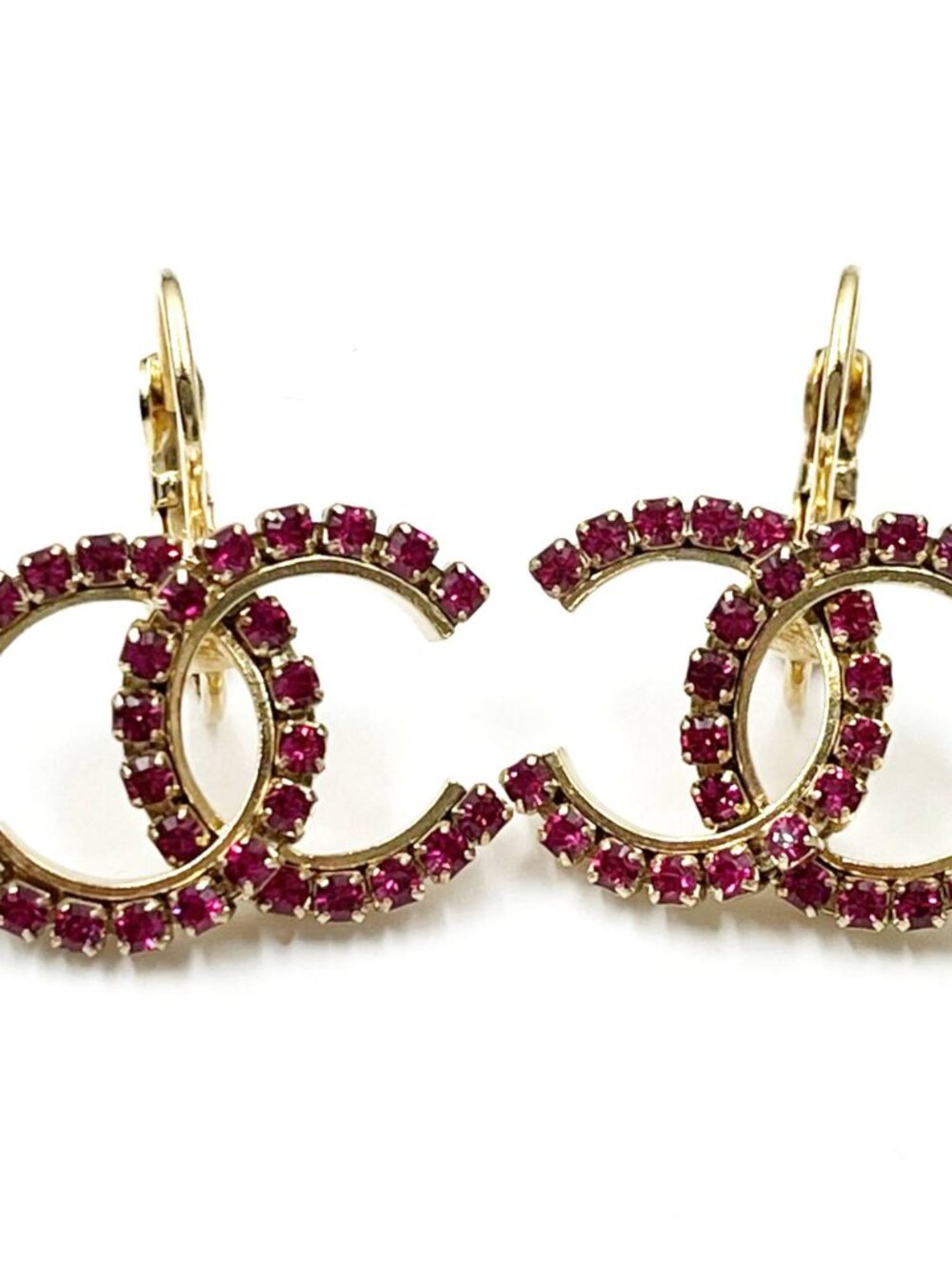 Chanel Gold CC Fuchsia Crystal Lever Back Piercing Earrings